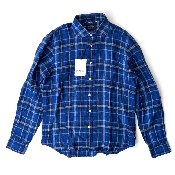 North Country Nwt European Flax Linen Blue Check L/S Button Front Shirt Medium M - Picture 1 of 3